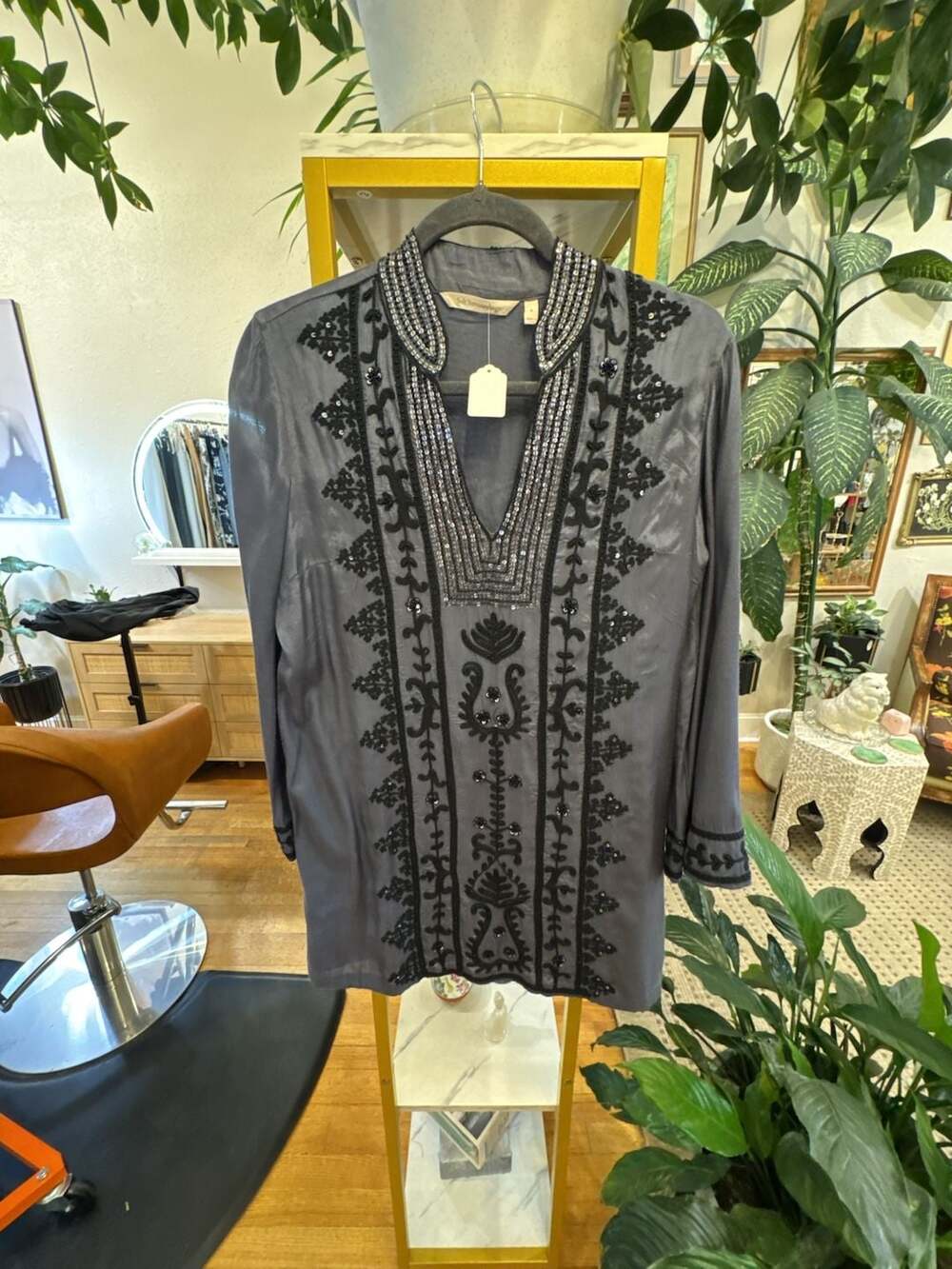 Small Embroidered Tunic Boho Gray Beaded Sequin fall